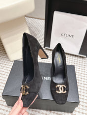 CHANEL 26S HIGH HEELS 95 MM IN BLACK SUEDE WITH GOLD-TONE CC LOGO