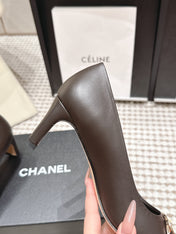 CHANEL 26S HIGH HEELS 75 MM IN DARK BROWN CALFSKIN WITH GOLD-TONE CC LOGO