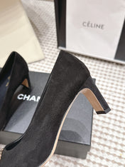 CHANEL 26S HIGH HEELS 75 MM IN BLACK SUEDE WITH GOLD-TONE CC LOGO