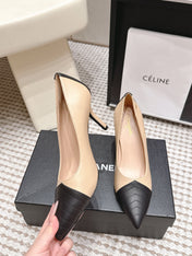 CHANEL 26S HIGH HEELS IN BEIGE LAMBSKIN WITH BLACK CHEVRON-QUILTED TOE
