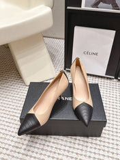 CHANEL 26S HIGH HEELS IN BEIGE LAMBSKIN WITH BLACK CHEVRON-QUILTED TOE