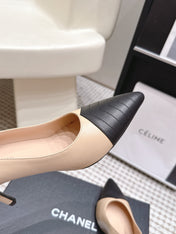 CHANEL 26S HIGH HEELS IN BEIGE LAMBSKIN WITH BLACK CHEVRON-QUILTED TOE