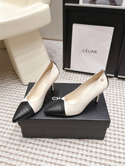 CHANEL 26S HIGH HEELS IN WHITE LAMBSKIN WITH BLACK CHEVRON-QUILTED TOE