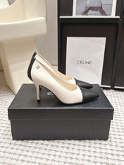 CHANEL 26S HIGH HEELS IN WHITE LAMBSKIN WITH BLACK CHEVRON-QUILTED TOE