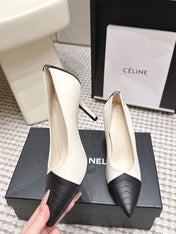 CHANEL 26S HIGH HEELS IN WHITE LAMBSKIN WITH BLACK CHEVRON-QUILTED TOE