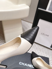 CHANEL 26S HIGH HEELS IN WHITE LAMBSKIN WITH BLACK CHEVRON-QUILTED TOE