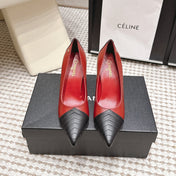 CHANEL 26S HIGH HEELS IN RED LAMBSKIN WITH BLACK CHEVRON-QUILTED TOE