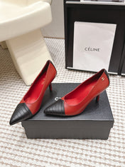 CHANEL 26S HIGH HEELS IN RED LAMBSKIN WITH BLACK CHEVRON-QUILTED TOE