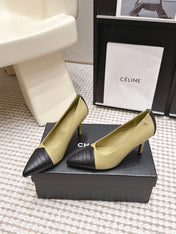 CHANEL 26S HIGH HEELS IN CREAM BEIGE LAMBSKIN WITH BLACK CHEVRON-QUILTED TOE