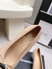 CHANEL 26S PEARL HIGH HEELS 55 MM IN BEIGE CALFSKIN WITH BLACK CC LOGO