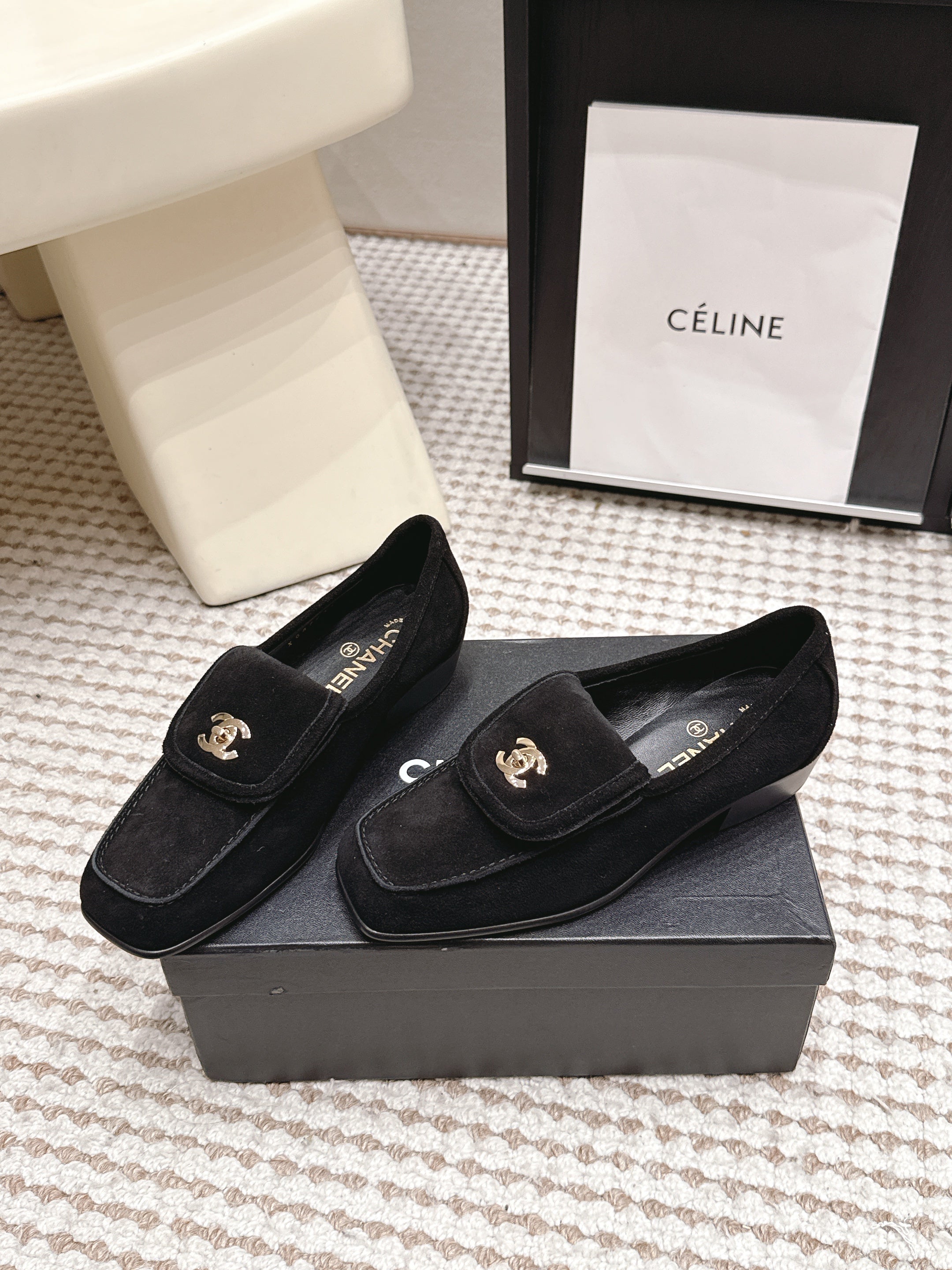 CHANEL 26S LOAFERS IN BLACK SUEDE WITH GOLD-TONE CC LOGO