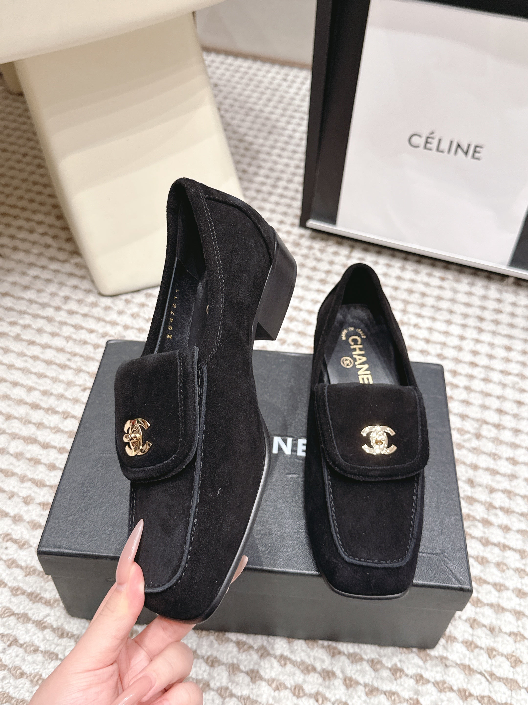 CHANEL 26S LOAFERS IN BLACK SUEDE WITH GOLD-TONE CC LOGO