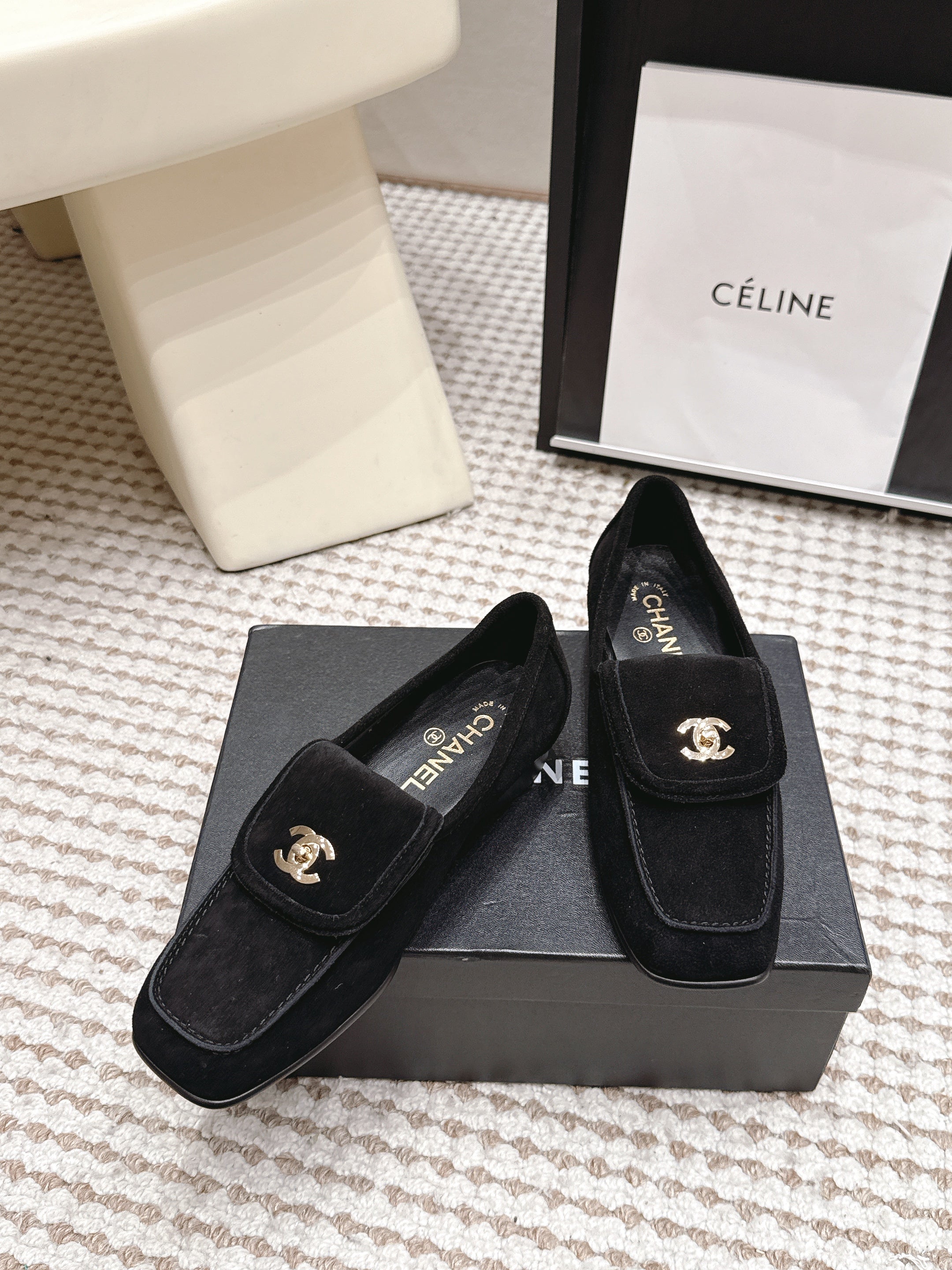 CHANEL 26S LOAFERS IN BLACK SUEDE WITH GOLD-TONE CC LOGO