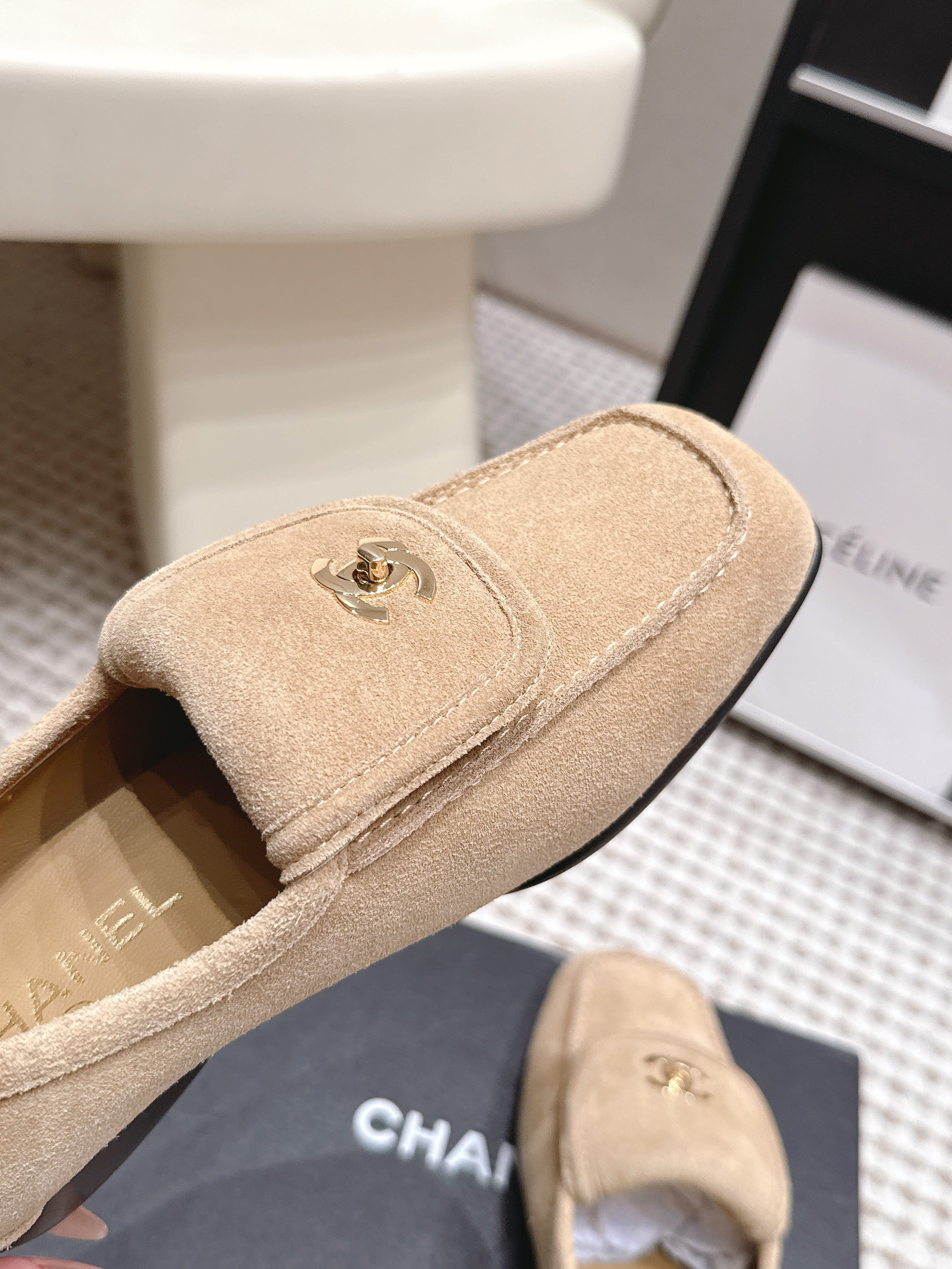 CHANEL 26S LOAFERS IN BEIGE SUEDE WITH GOLD-TONE CC LOGO