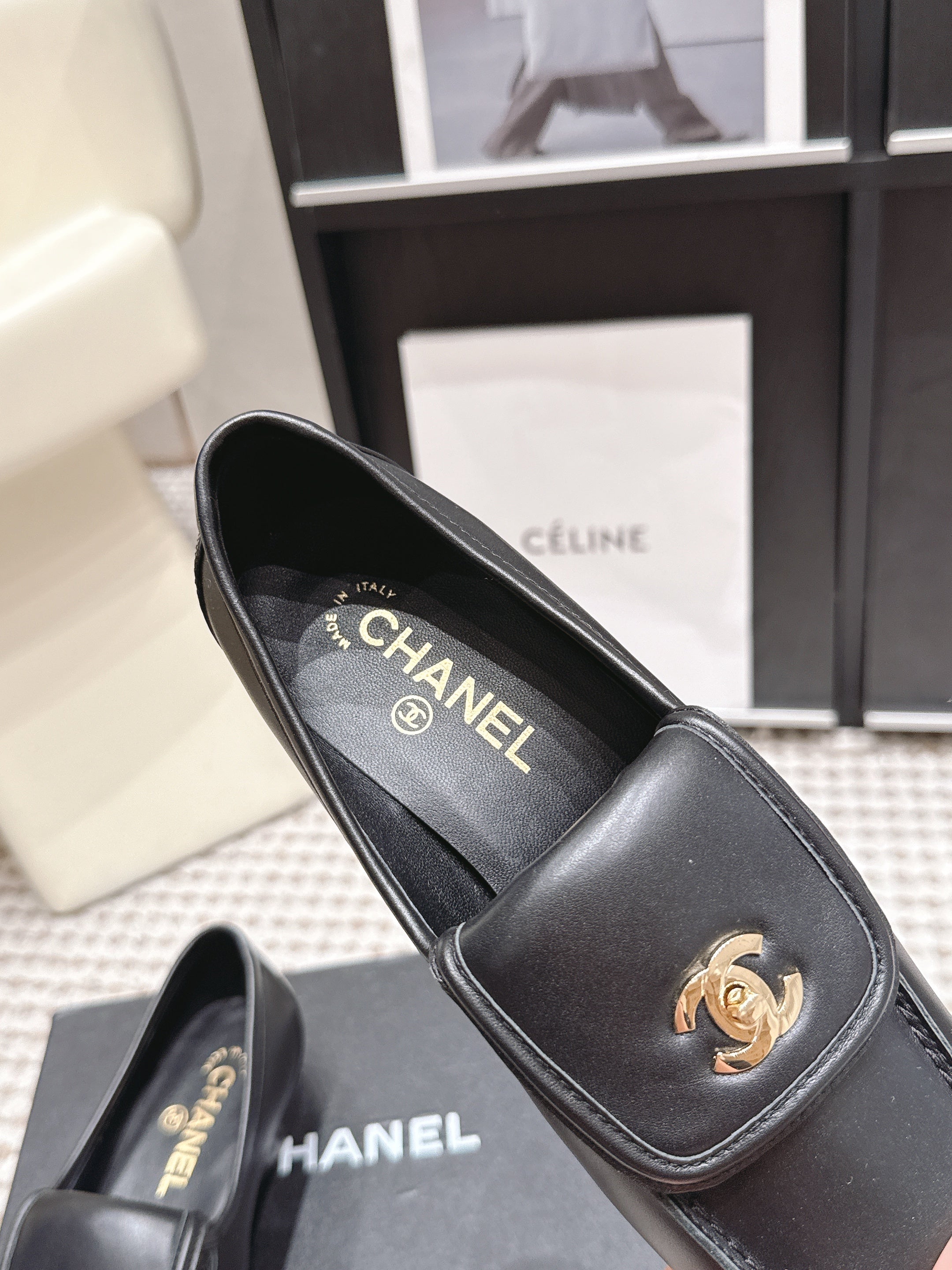 CHANEL 26S LOAFERS IN BLACK CALFSKIN WITH GOLD-TONE CC LOGO