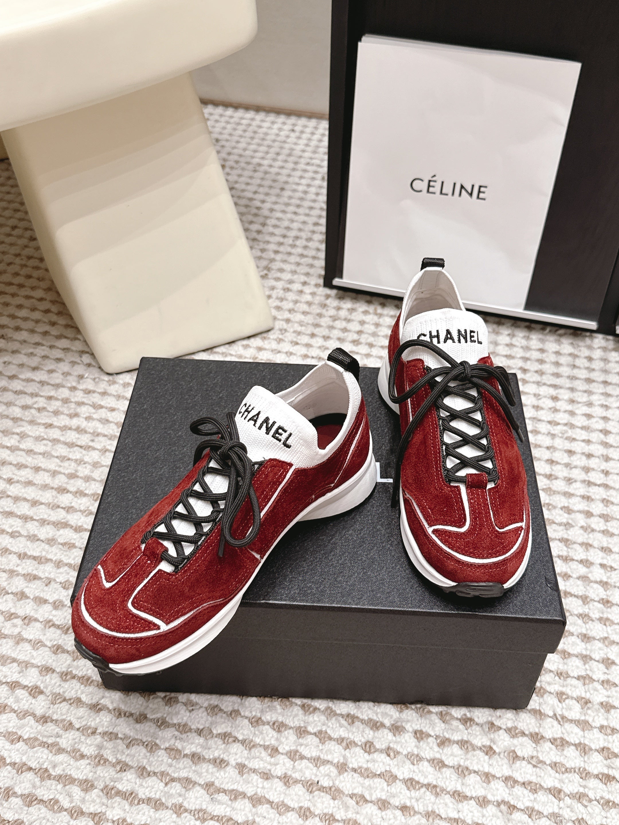 CHANEL 26S PLATFORM SNEAKERS 30 MM IN RED SUEDE WITH WHITE FABRIC