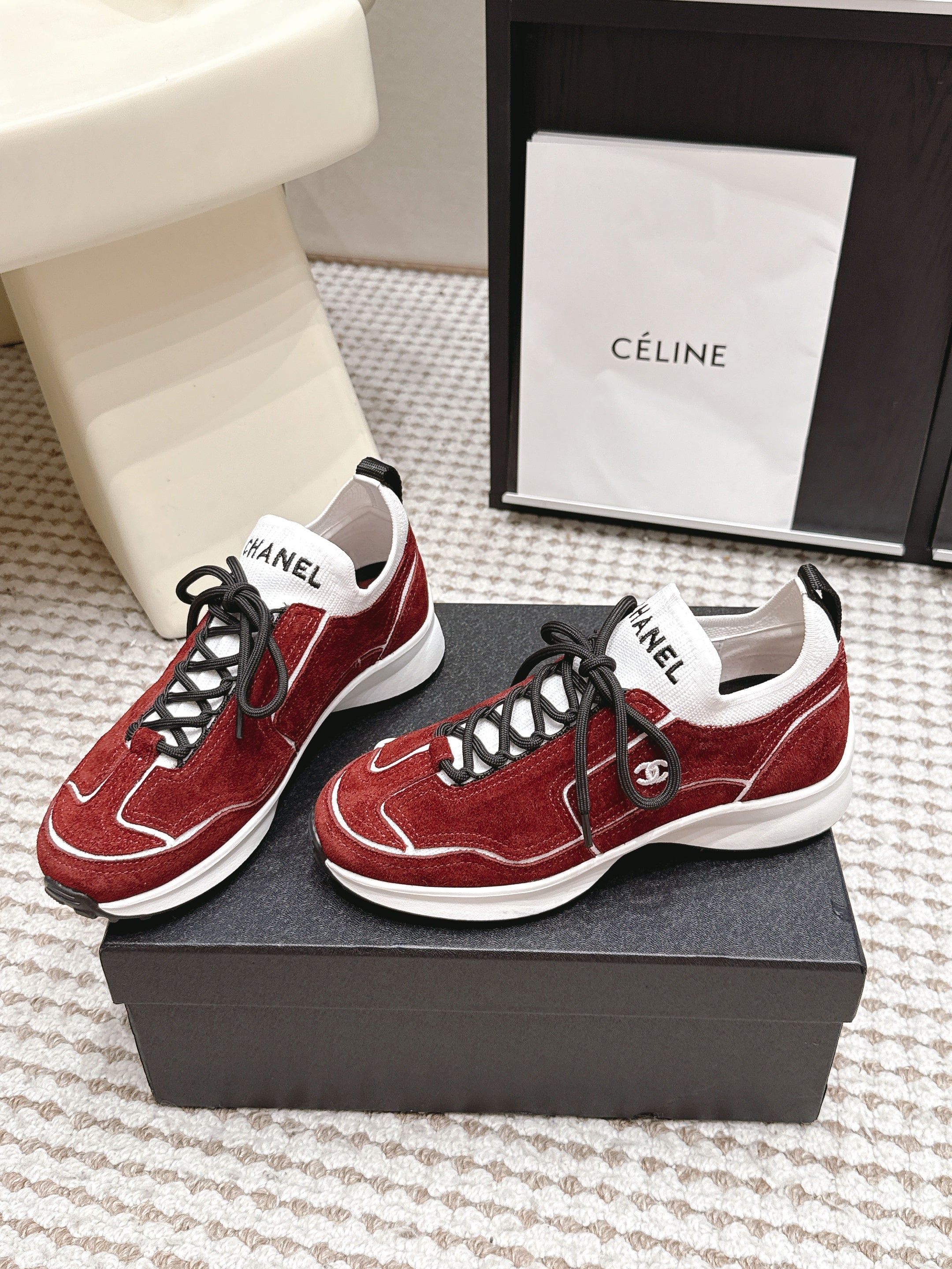 CHANEL 26S PLATFORM SNEAKERS 30 MM IN RED SUEDE WITH WHITE FABRIC