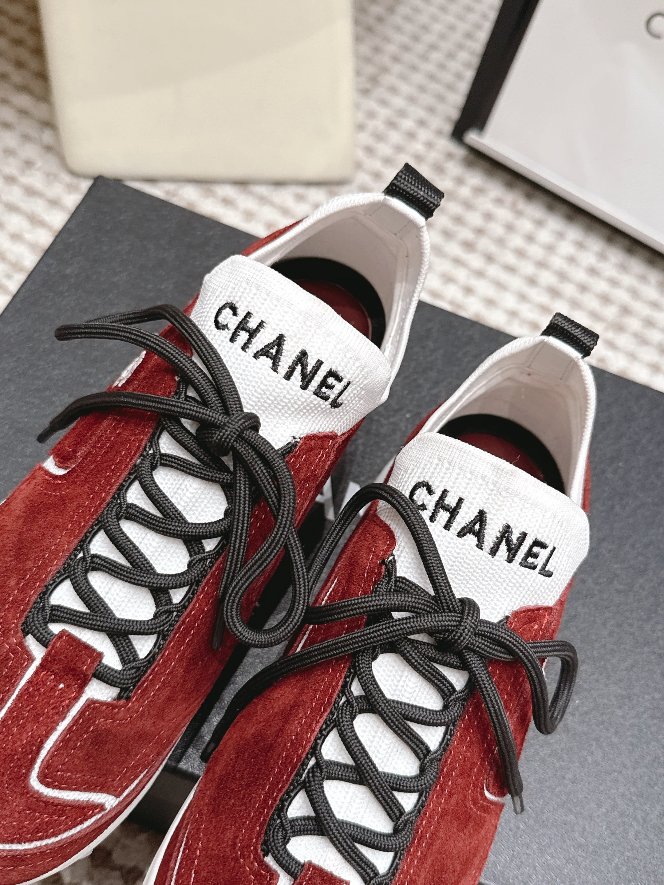 CHANEL 26S PLATFORM SNEAKERS 30 MM IN RED SUEDE WITH WHITE FABRIC