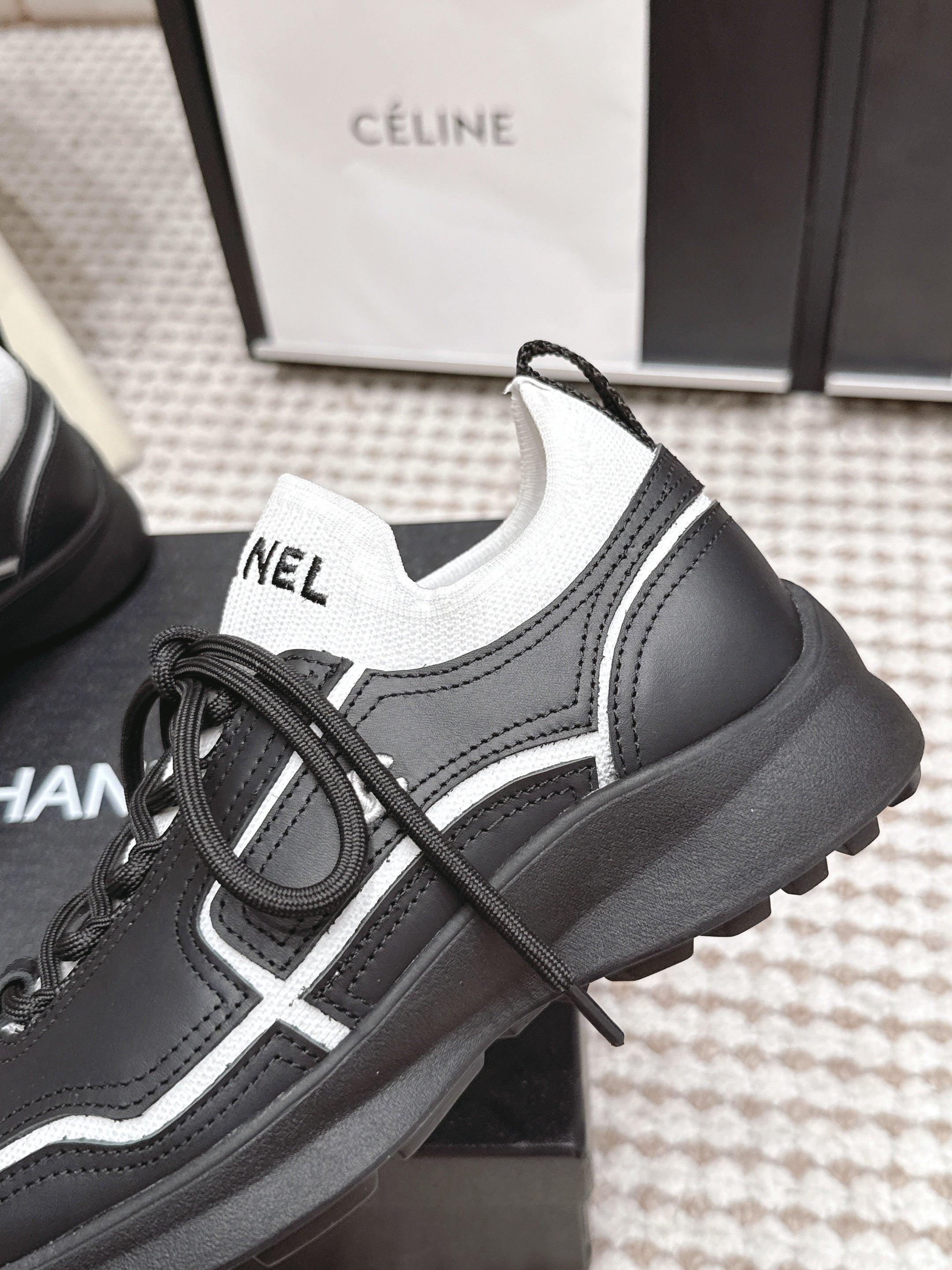 CHANEL 26S PLATFORM SNEAKERS 30 MM IN BLACK CALFSKIN WITH WHITE FABRIC