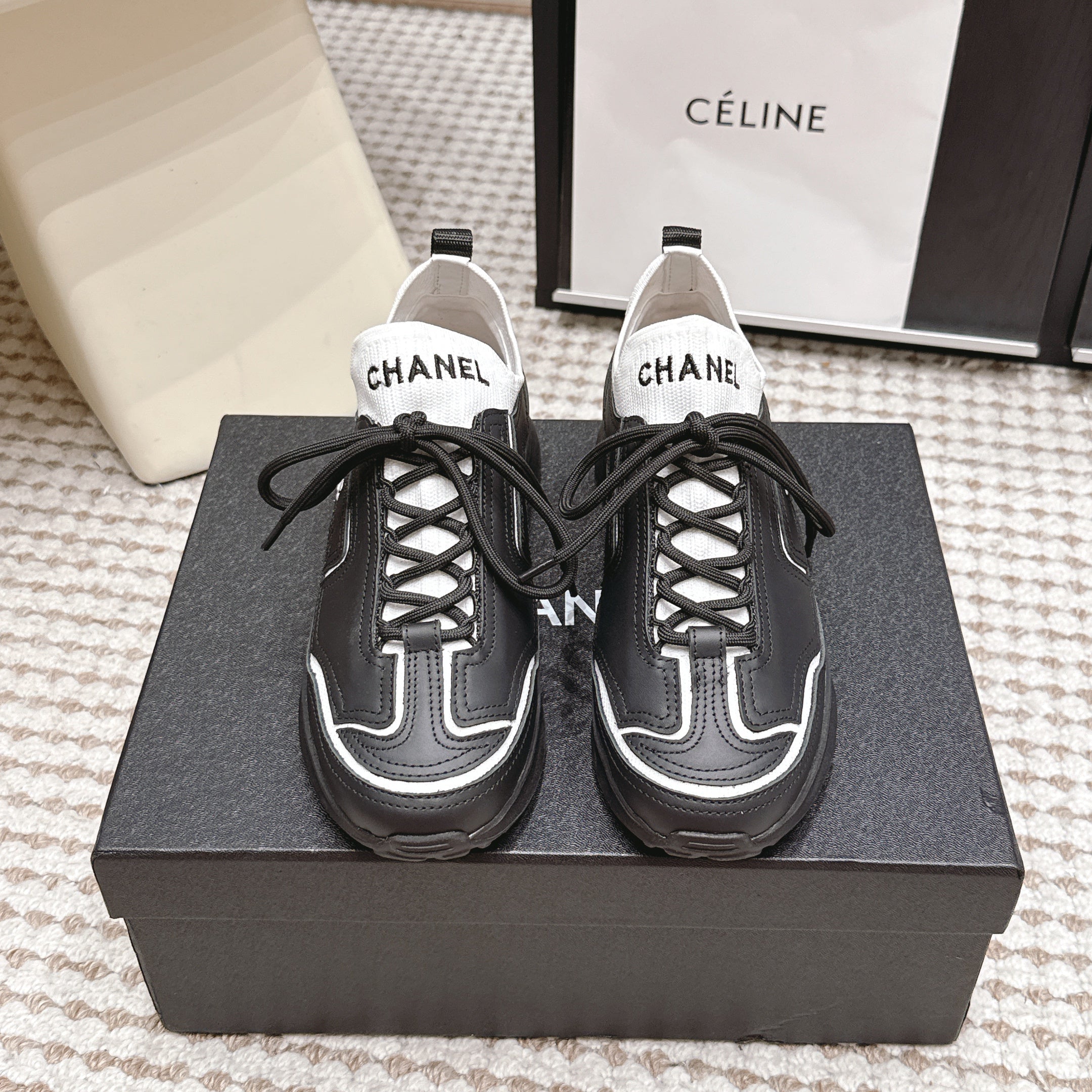 CHANEL 26S PLATFORM SNEAKERS 30 MM IN BLACK CALFSKIN WITH WHITE FABRIC