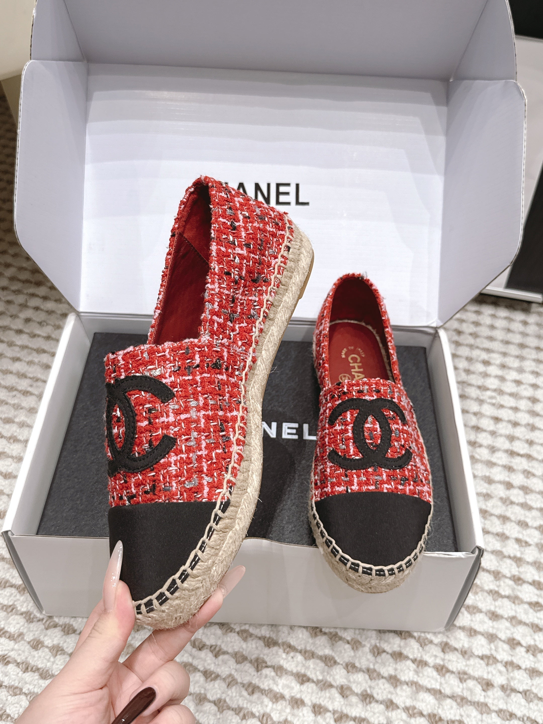 CHANEL 26S SLIP ONS IN RED MIX BLACK TWEED AND PATENT CALFSKIN