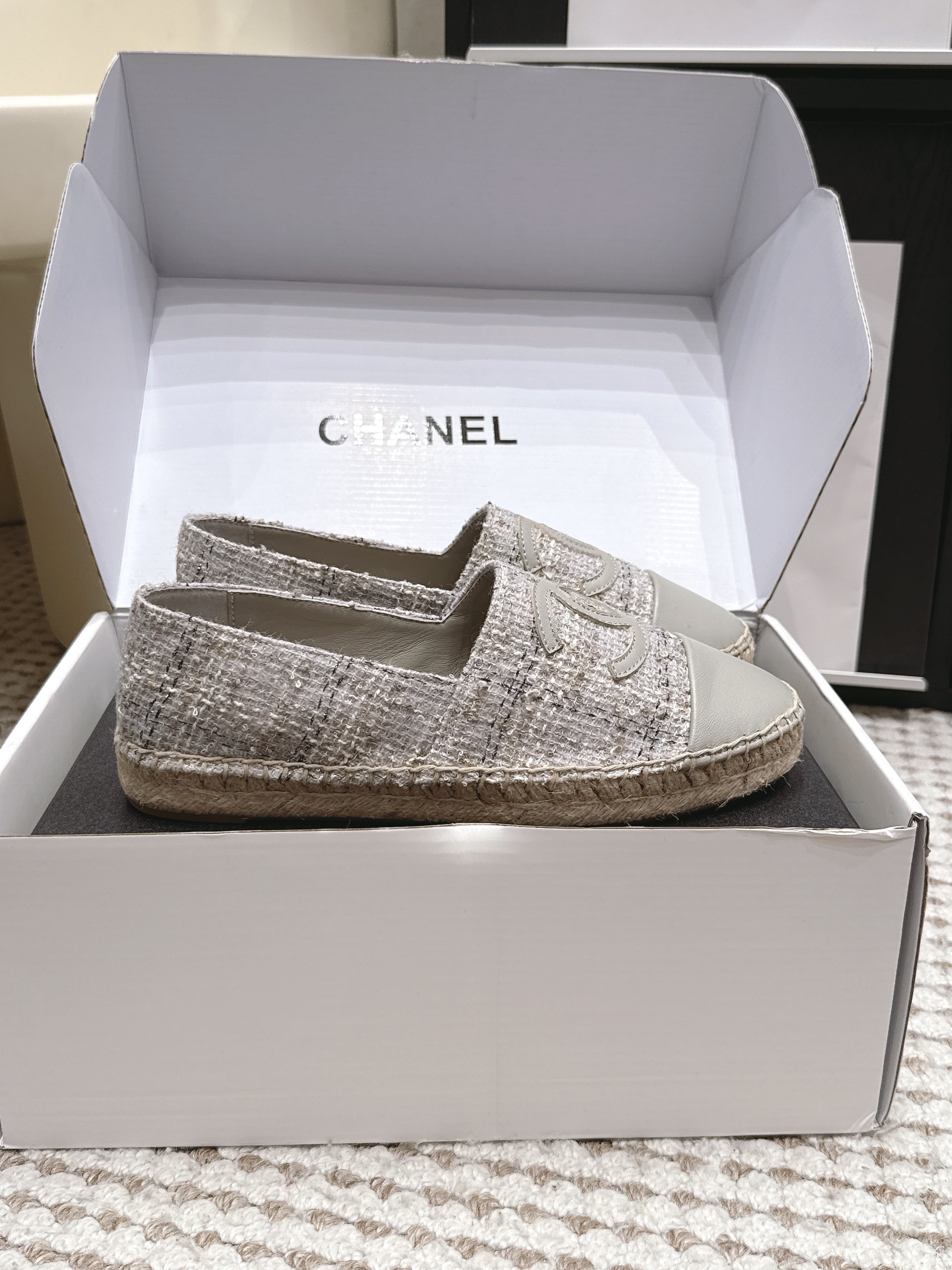 CHANEL 26S SLIP ONS IN GREY TWEED AND PATENT CALFSKIN
