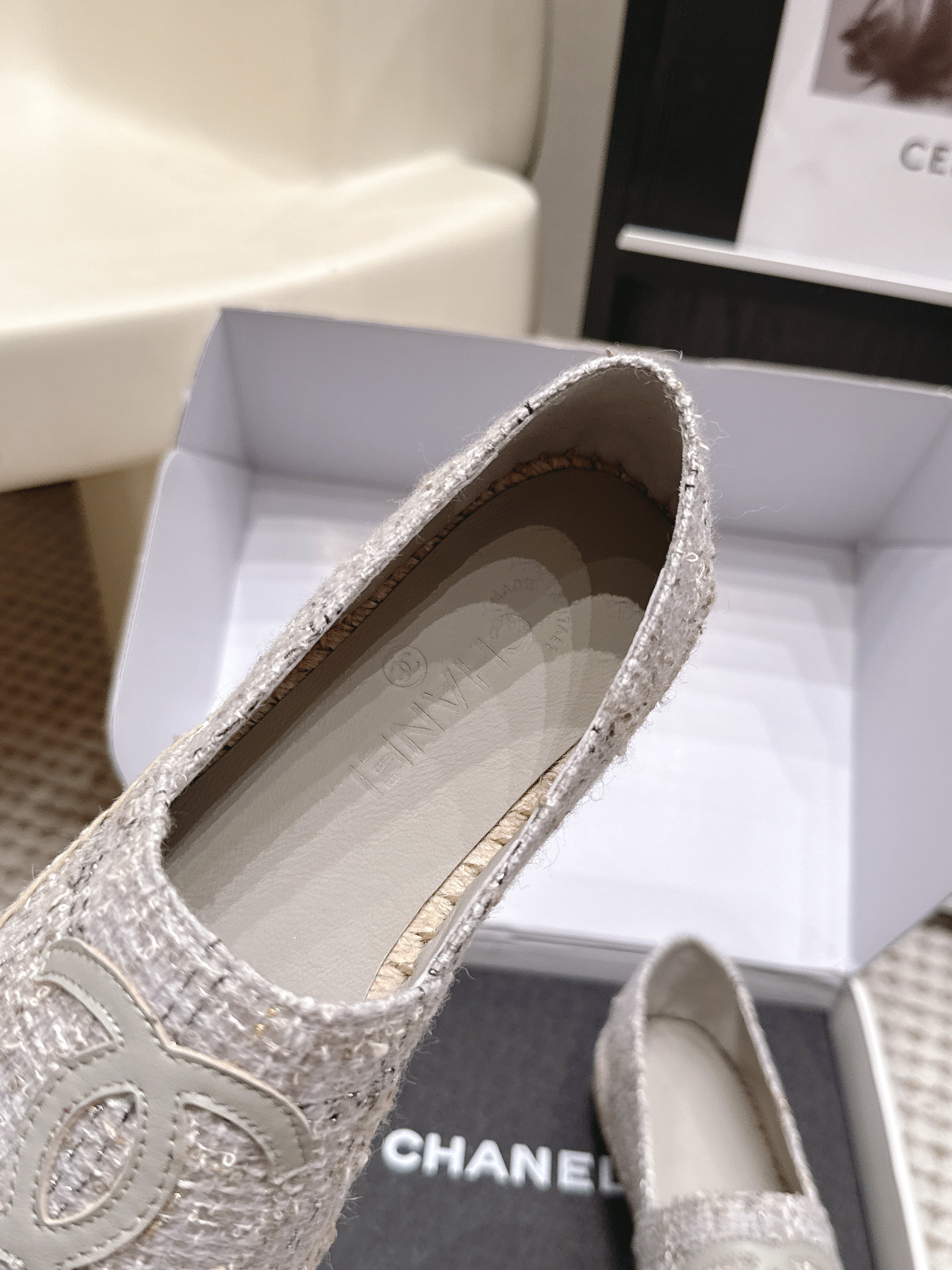 CHANEL 26S SLIP ONS IN GREY TWEED AND PATENT CALFSKIN