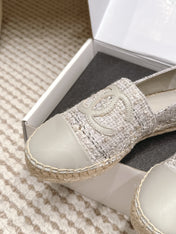 CHANEL 26S SLIP ONS IN GREY TWEED AND PATENT CALFSKIN