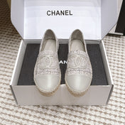 CHANEL 26S SLIP ONS IN GREY TWEED AND PATENT CALFSKIN