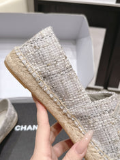 CHANEL 26S SLIP ONS IN GREY TWEED AND PATENT CALFSKIN