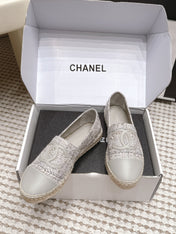 CHANEL 26S SLIP ONS IN GREY TWEED AND PATENT CALFSKIN
