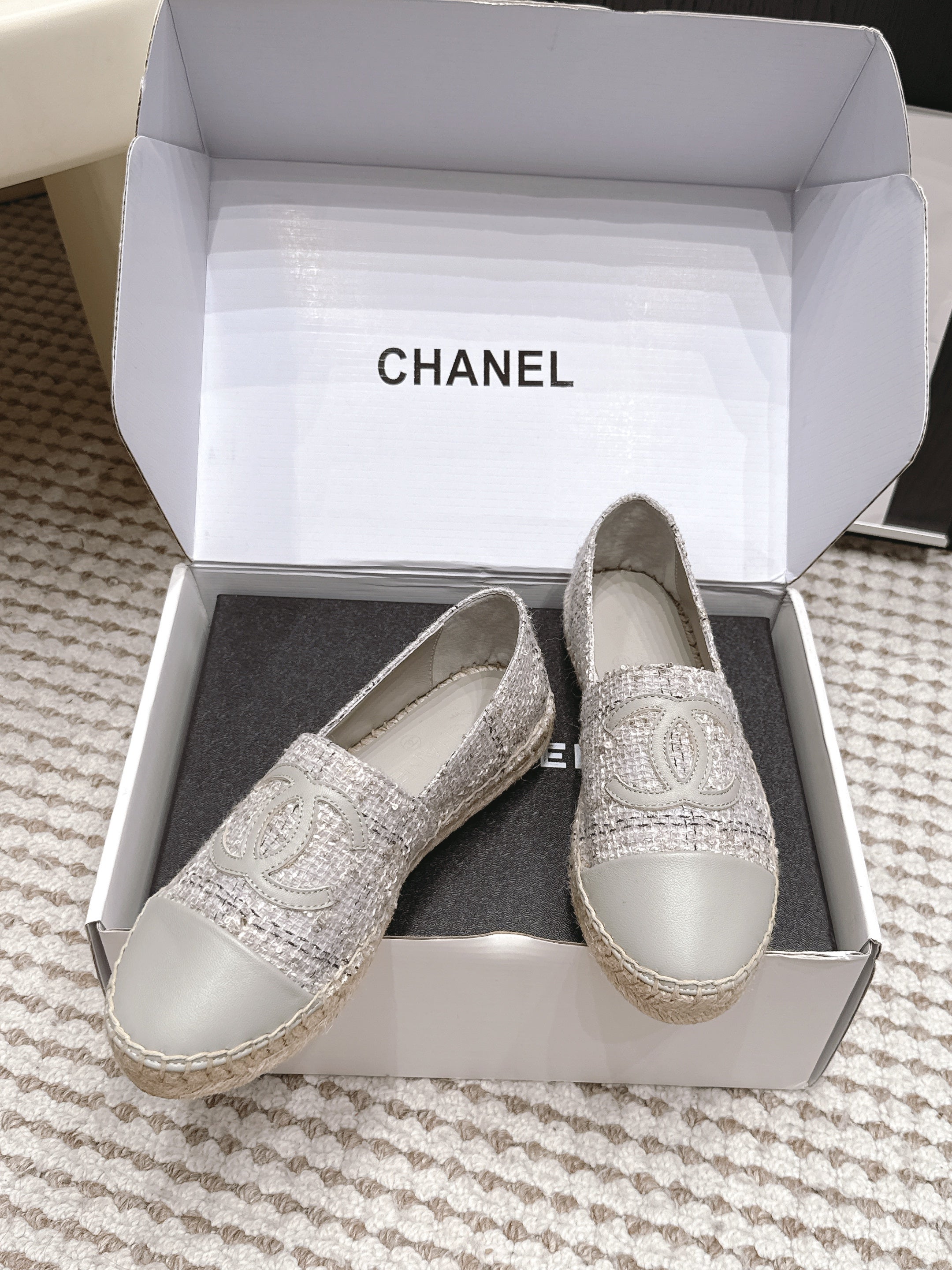 CHANEL 26S SLIP ONS IN GREY TWEED AND PATENT CALFSKIN