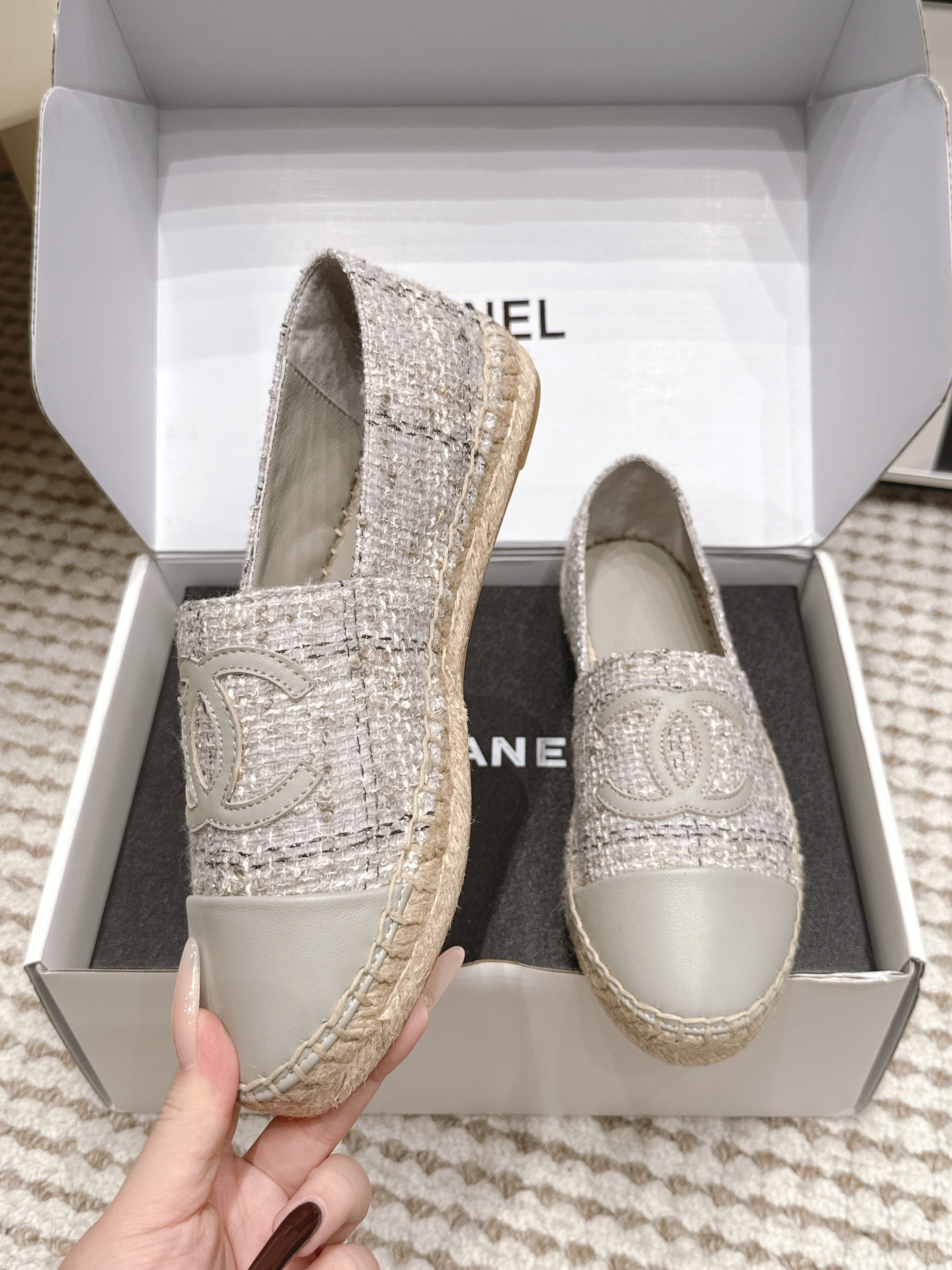 CHANEL 26S SLIP ONS IN GREY TWEED AND PATENT CALFSKIN