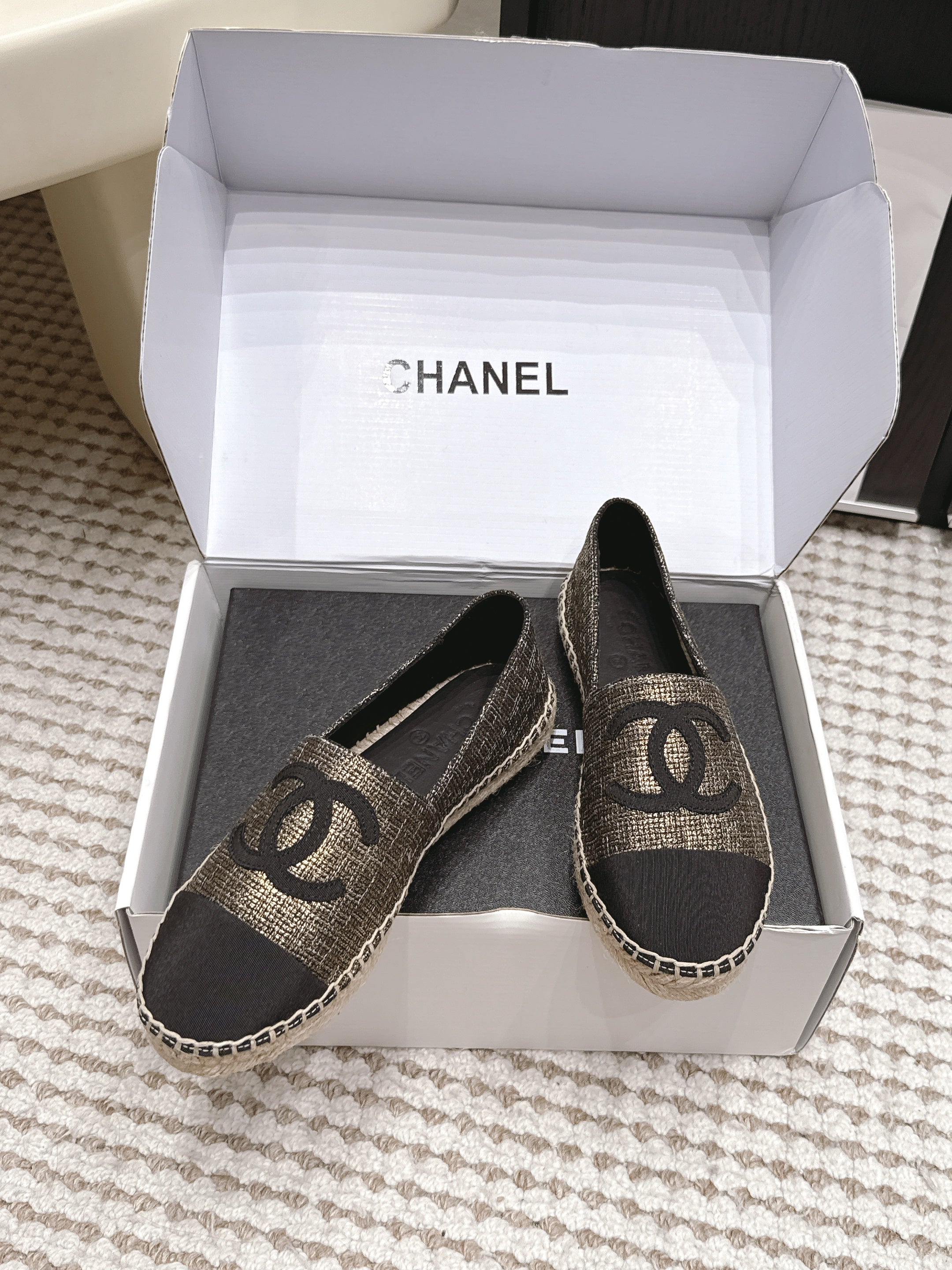 CHANEL 26S SLIP ONS IN GOLD BRONZE MIX BLACK FABRIC