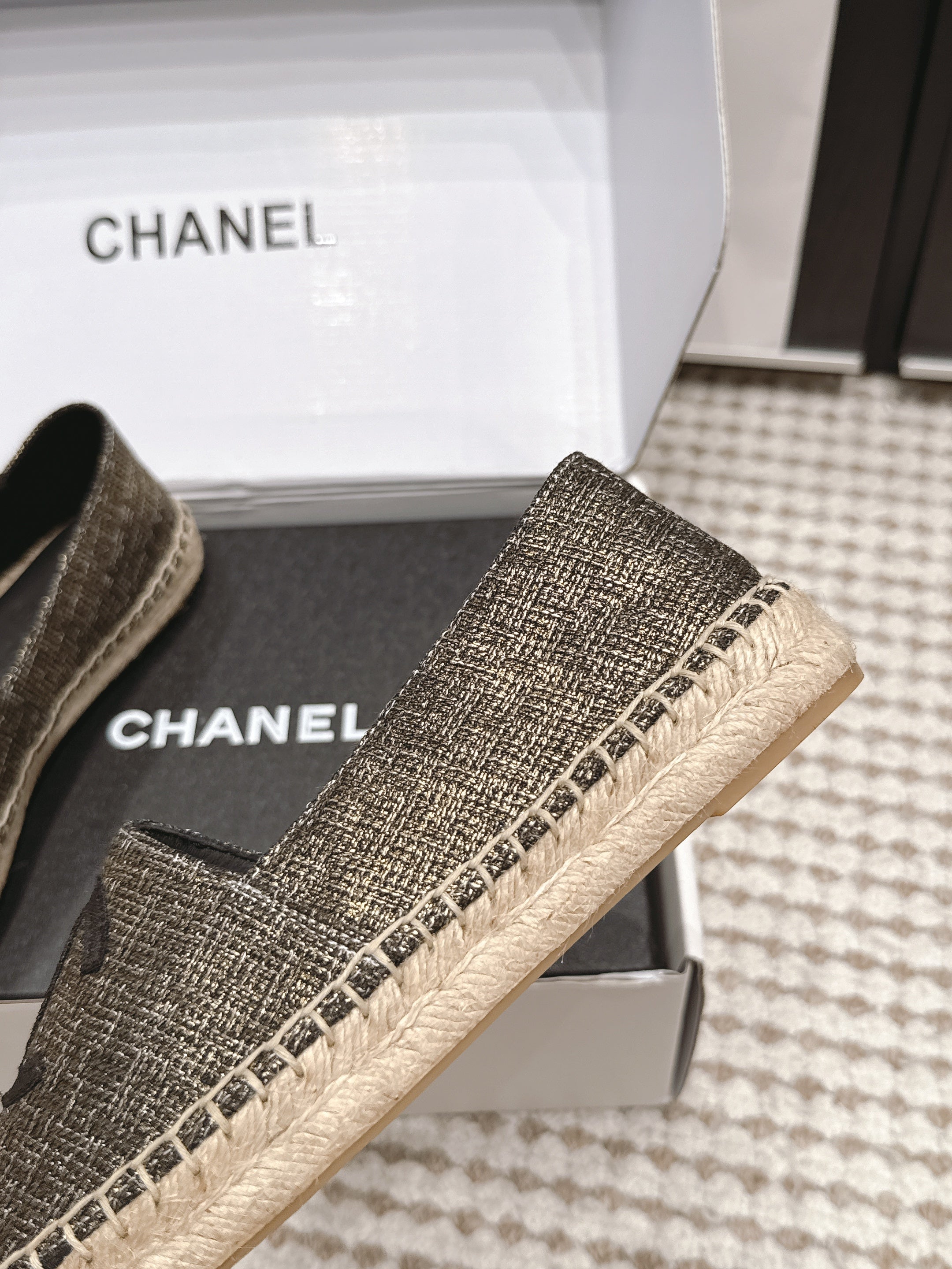 CHANEL 26S SLIP ONS IN GOLD BRONZE MIX BLACK FABRIC