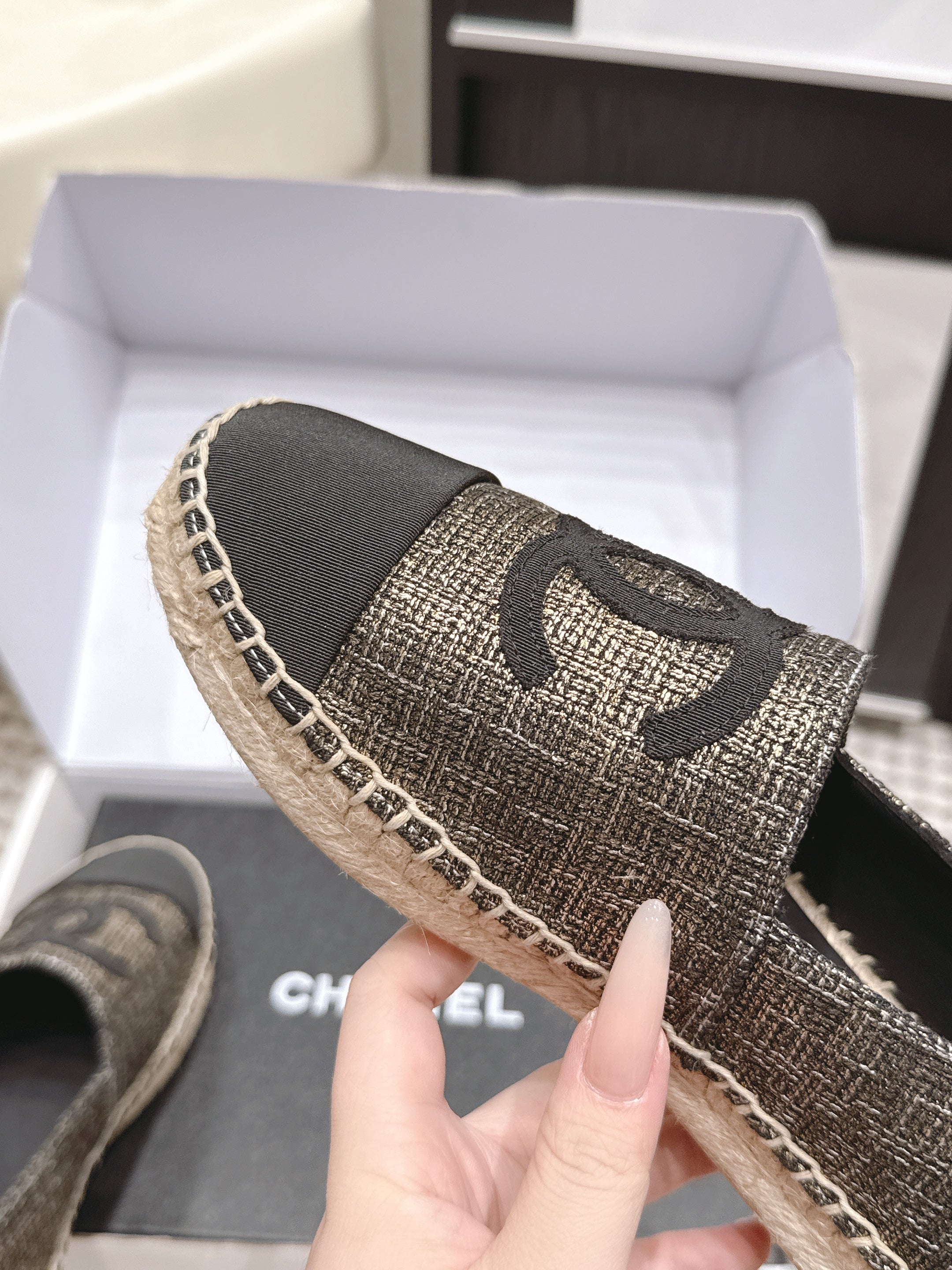 CHANEL 26S SLIP ONS IN GOLD BRONZE MIX BLACK FABRIC