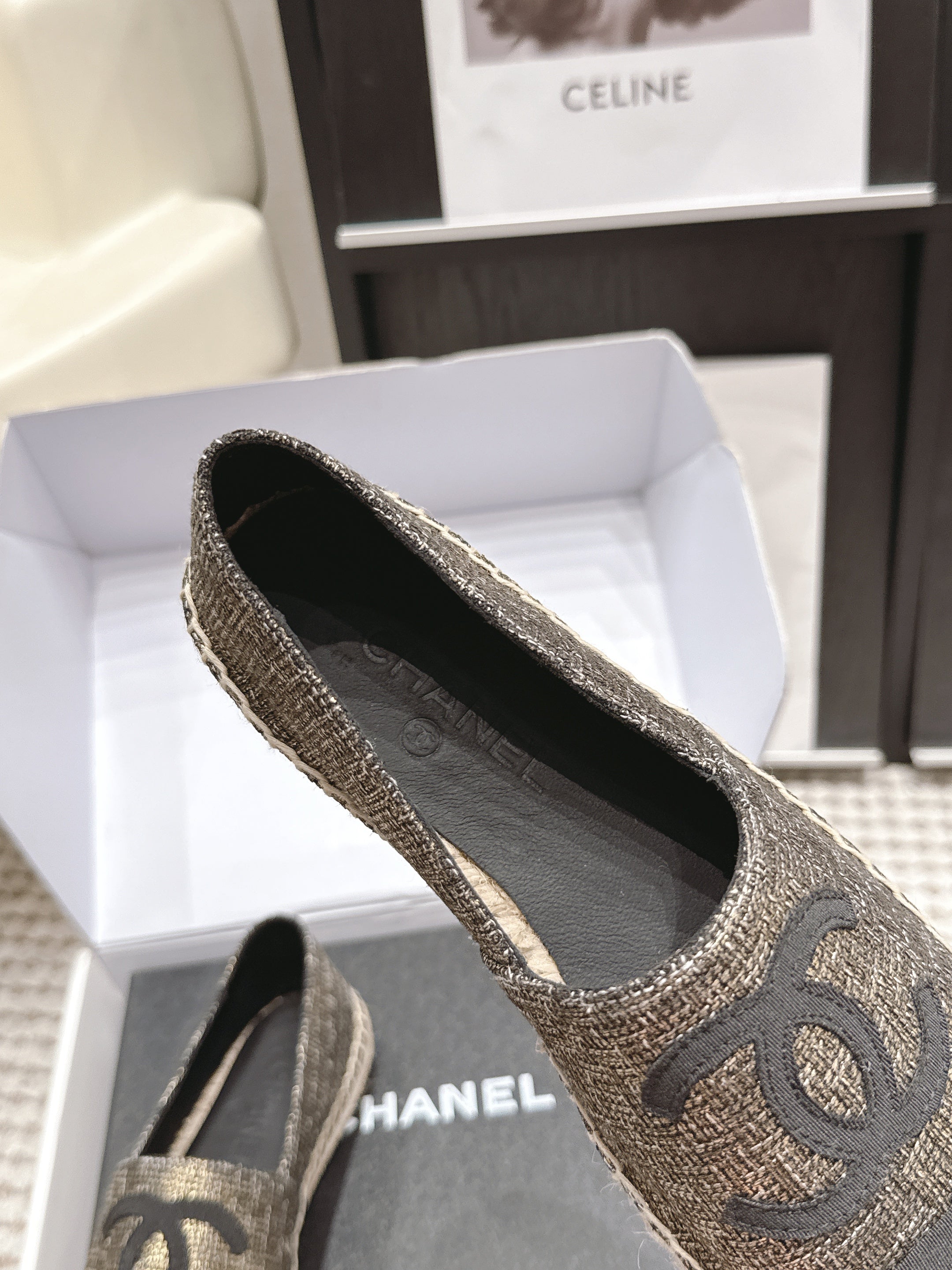 CHANEL 26S SLIP ONS IN GOLD BRONZE MIX BLACK FABRIC