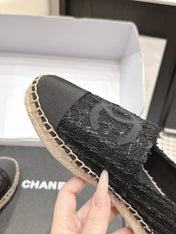 CHANEL 26S SLIP ONS IN BLACK TWEED AND PATENT CALFSKIN