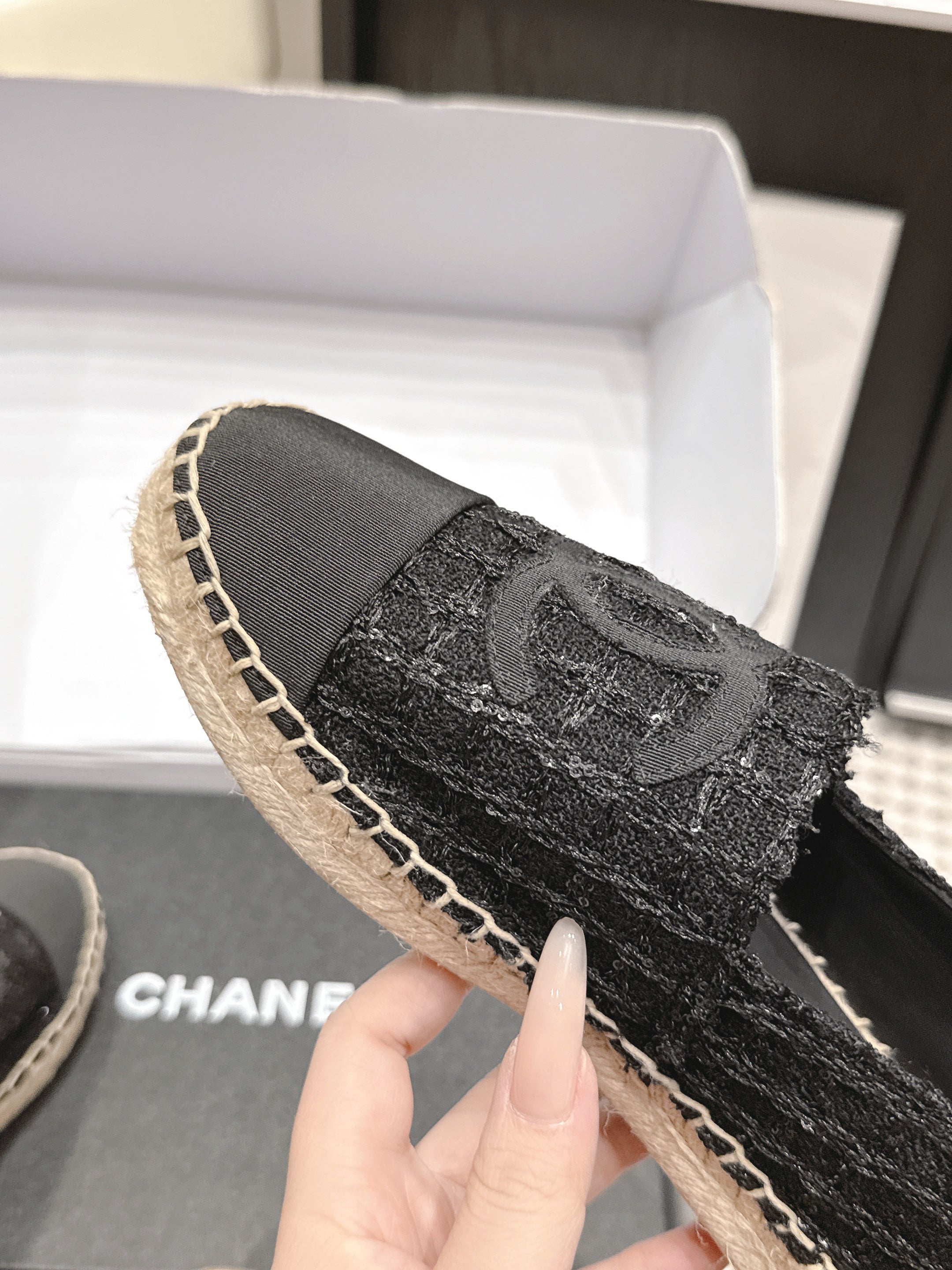 CHANEL 26S SLIP ONS IN BLACK TWEED AND PATENT CALFSKIN