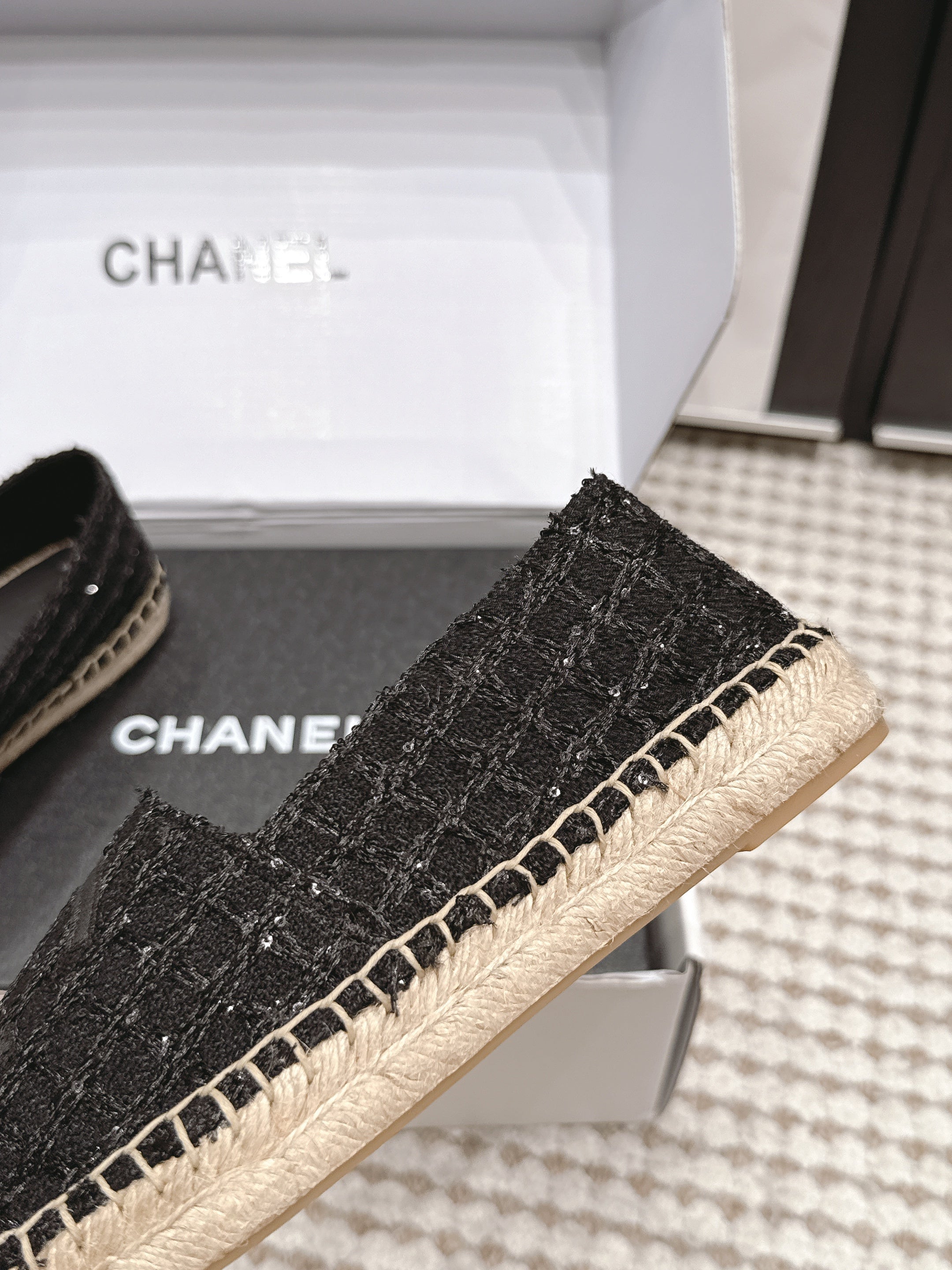 CHANEL 26S SLIP ONS IN BLACK TWEED AND PATENT CALFSKIN