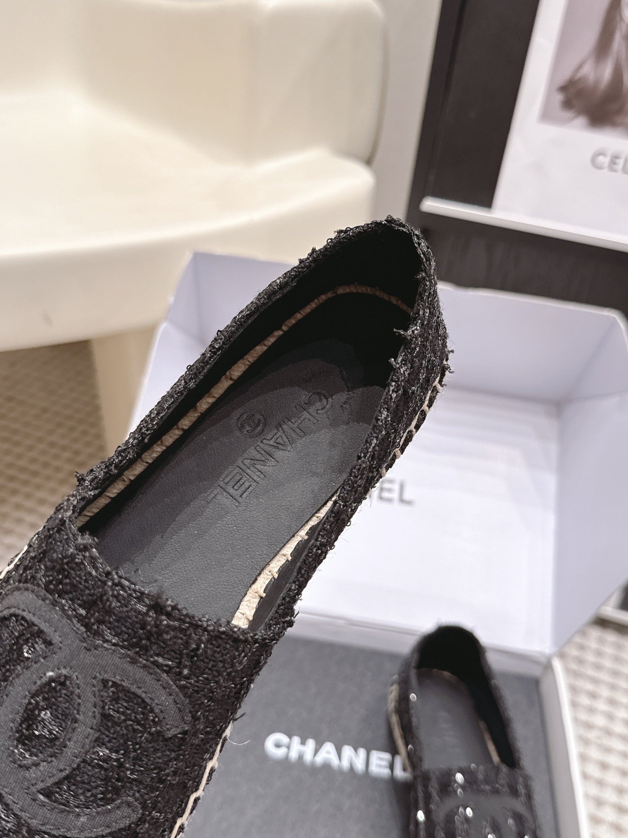 CHANEL 26S SLIP ONS IN BLACK TWEED AND PATENT CALFSKIN