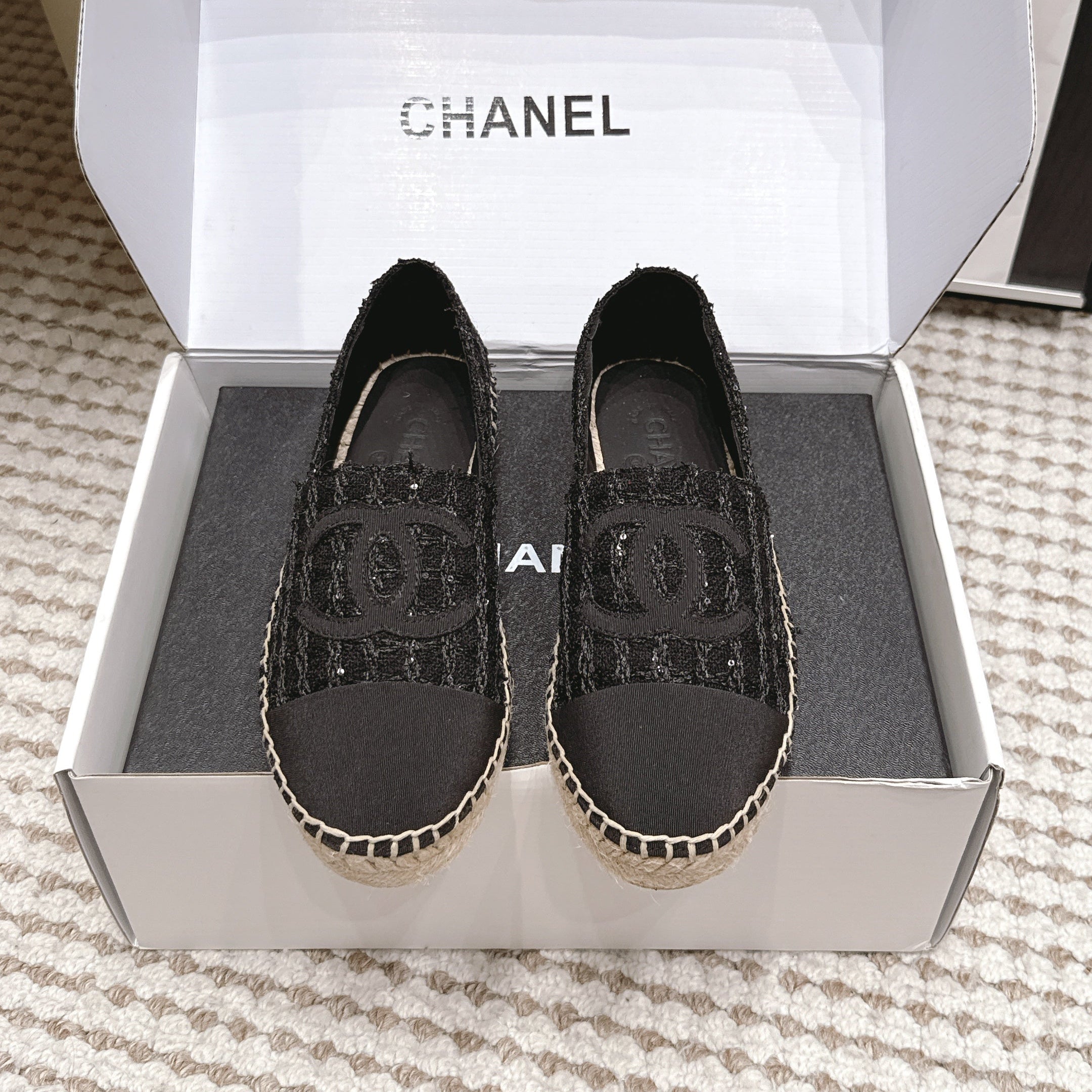 CHANEL 26S SLIP ONS IN BLACK TWEED AND PATENT CALFSKIN