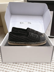 CHANEL 26S SLIP ONS IN BLACK TWEED AND PATENT CALFSKIN
