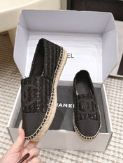 CHANEL 26S SLIP ONS IN BLACK TWEED AND PATENT CALFSKIN