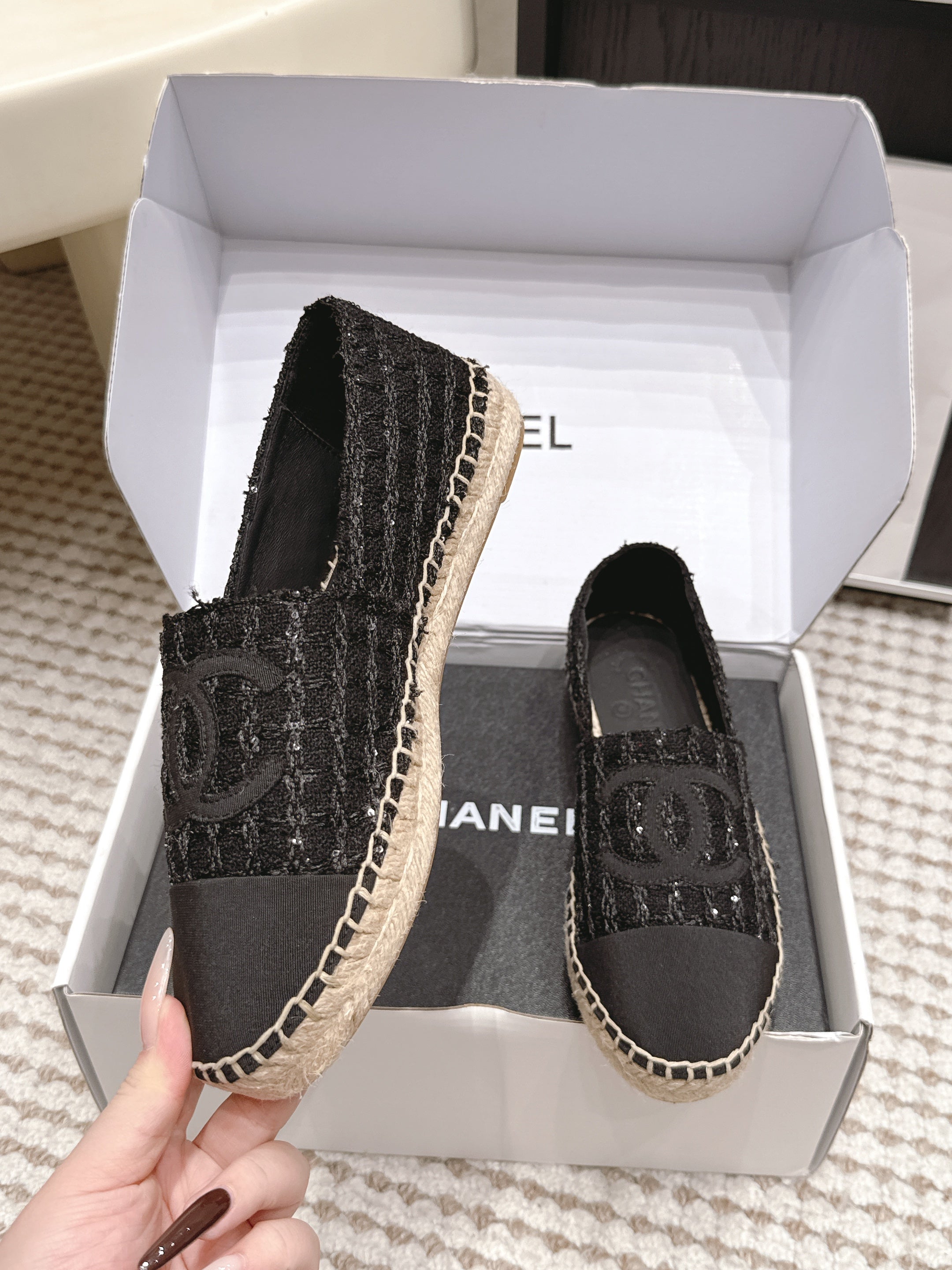 CHANEL 26S SLIP ONS IN BLACK TWEED AND PATENT CALFSKIN