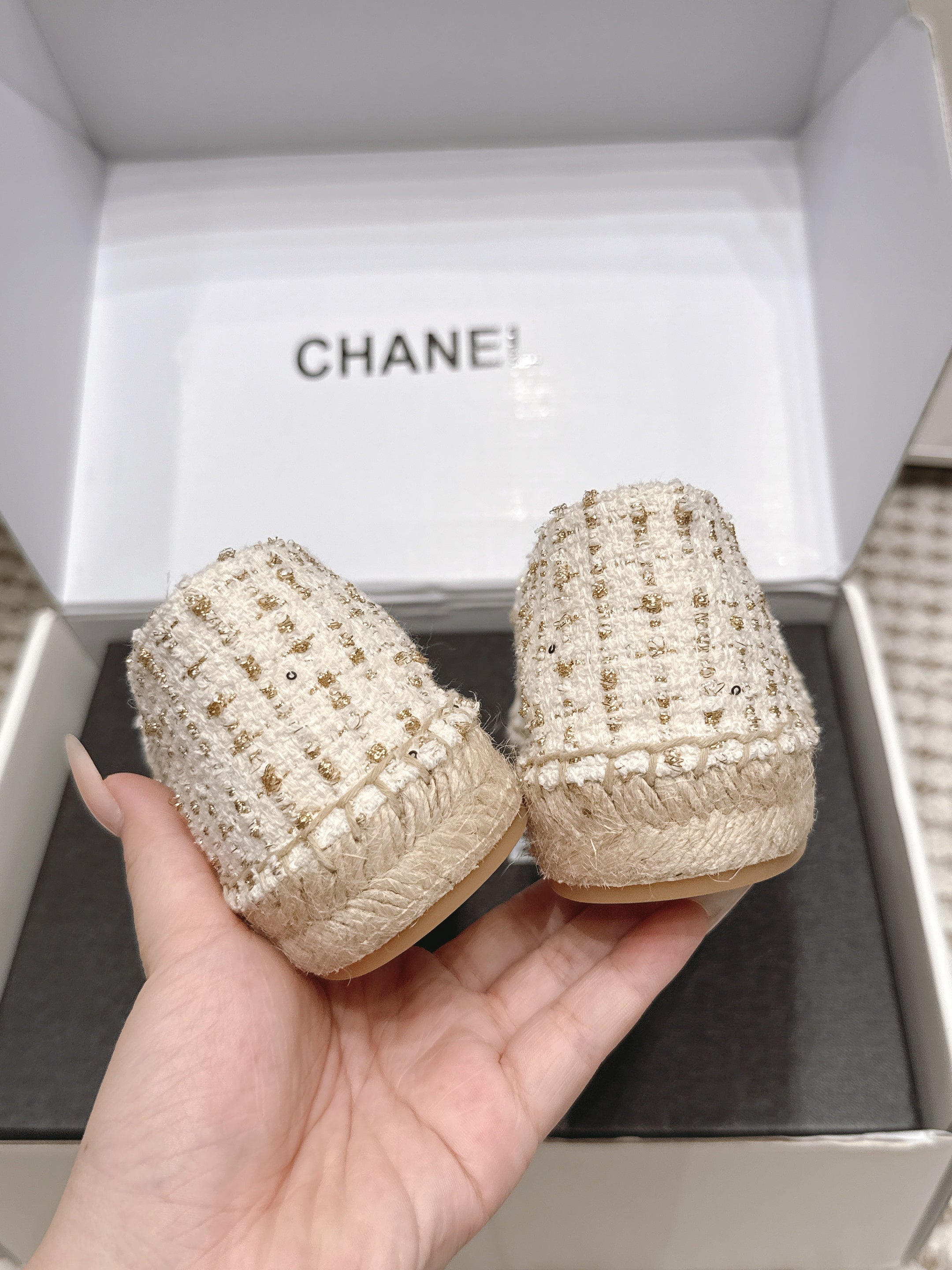 CHANEL 26S SLIP ONS IN WHITE TWEED AND PATENT CALFSKIN