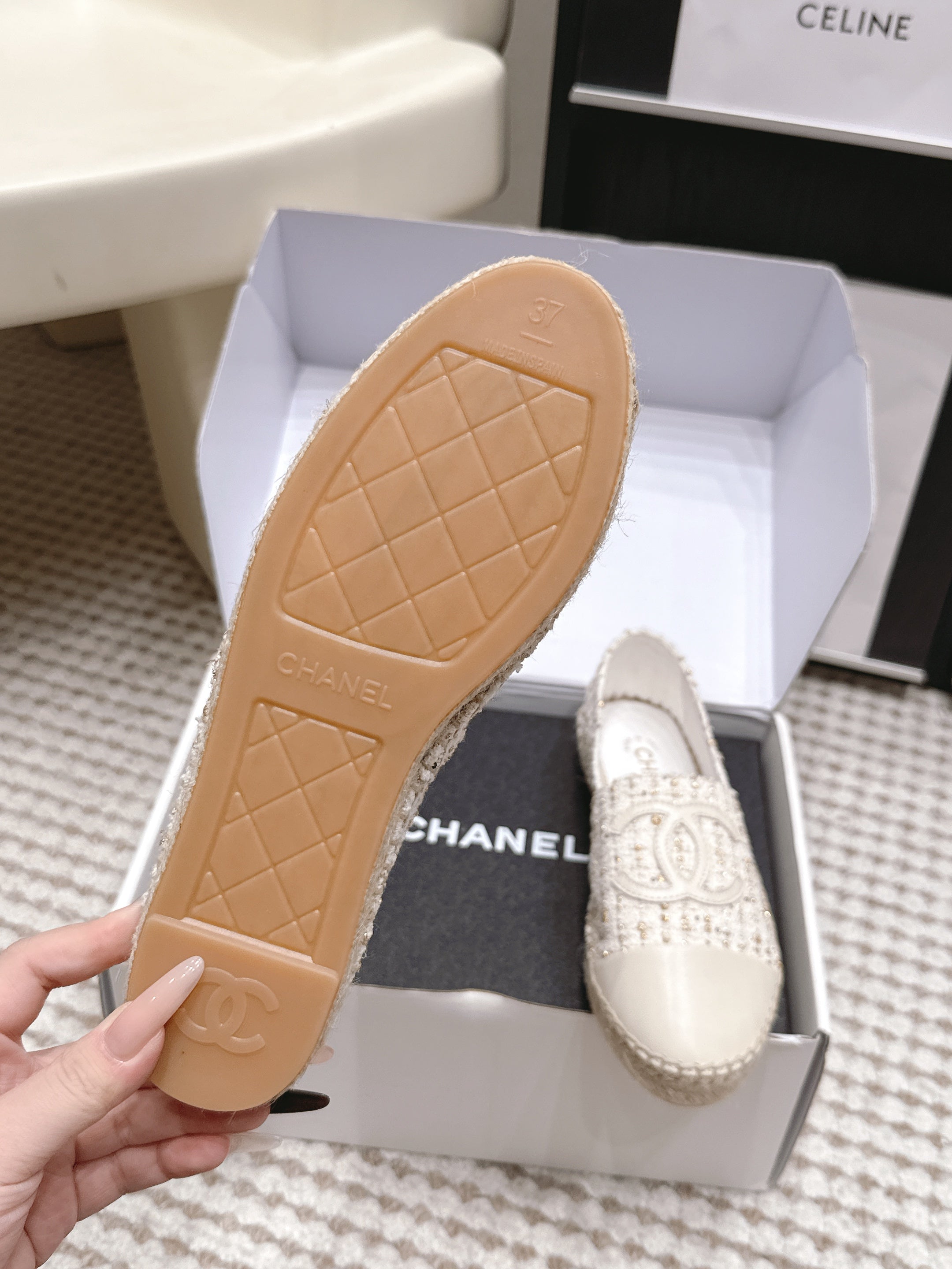 CHANEL 26S SLIP ONS IN WHITE TWEED AND PATENT CALFSKIN