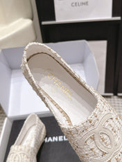 CHANEL 26S SLIP ONS IN WHITE TWEED AND PATENT CALFSKIN
