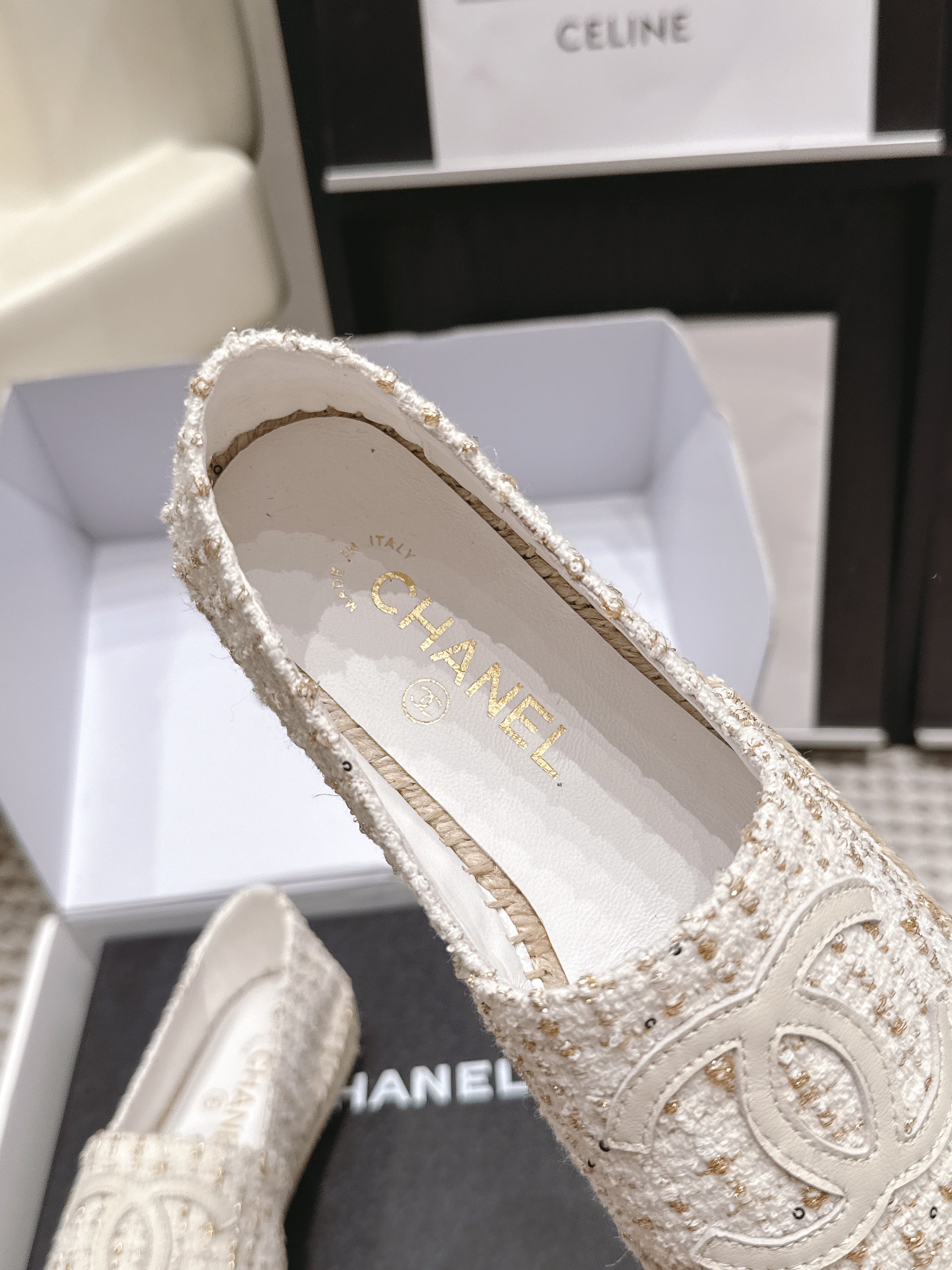 CHANEL 26S SLIP ONS IN WHITE TWEED AND PATENT CALFSKIN