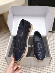 CHANEL 26S SLIP ONS IN NAVY BLUE TWEED AND PATENT CALFSKIN